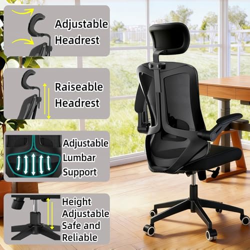 Ergonomic Office Chair - 350LB Comfy Desk Chairs with Adjustable Headrest and Lumbar Back Support, Mesh Computer Chairs with Wheels and Arms for Home Office, Study (Black-with Headrest) - color: Black