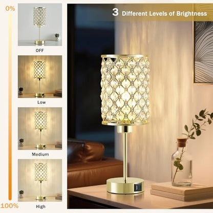 GyroVu Gold Crystal Bedside Table Lamps Set of 2 with USB C+A Ports - color: Gold-2, size: 14.75"