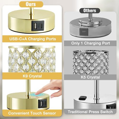 Crystal Table Lamp, Gold Touch Lamp with USB C+A Port, 3-Way Dimmable - color: Gold, size: 14.75"