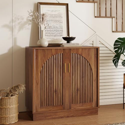 31.5" Fluted Sideboard Cabinet with Arched Doors, Buffet Cabinet, Walnut - color: Walnut