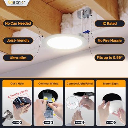 Ensenior 24 Pack 6 Inch LED Recessed Light, 6000K Dimmable Canless Wafer - color: 6000k - Clear White, size: 6 Inch