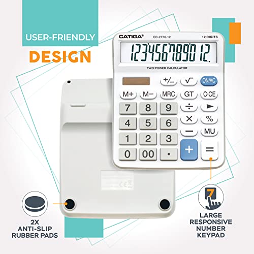Premium Commercial 12-Digit Large Desktop Calculator with Huge 5-Inch LCD Display Screen, Giant Responsive Buttons, Battery and Solar Powered, Perfect for Home/Office Accounting Finance Use, CD-2776 - color: White (Commercial)