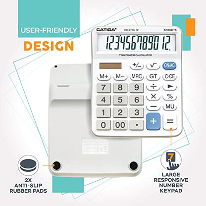 Premium Commercial 12-Digit Large Desktop Calculator with Huge 5-Inch LCD Display Screen, Giant Responsive Buttons, Battery and Solar Powered, Perfect for Home/Office Accounting Finance Use, CD-2776 - color: White (Commercial)