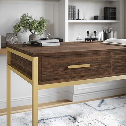Martha Stewart Ollie Home Office Desk with 3 Drawers in Walnut Wood Grain with Polished Brass Hardware - color: Walnut Top/Polished Brass Frame