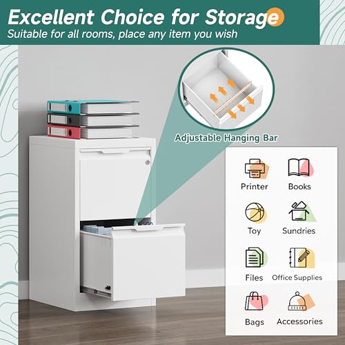 2 Drawer Metal Vertical File Cabinet with Lock for Home Office | 17.8 Inch Depth,Under Desk Small Filing Cabinet,Adjustable Hanging Bar,Fits Letter & Legal Size Files,Easy to Assemble,White - color: White, size: 17.8"D x 15"W x 25.8"H（2 Drawers）