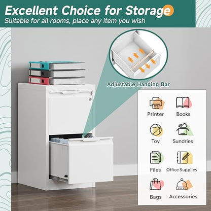 2 Drawer Metal Vertical File Cabinet with Lock for Home Office | 17.8 Inch Depth,Under Desk Small Filing Cabinet,Adjustable Hanging Bar,Fits Letter & Legal Size Files,Easy to Assemble,White - color: White, size: 17.8"D x 15"W x 25.8"H（2 Drawers）