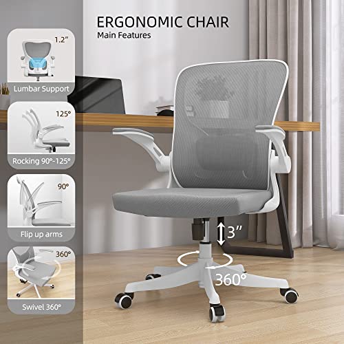 Monhey Ergonomic Office Chair, 90°-125° Tilt Back Home Desk Chair with 360° Swivel & Mute Wheels, High Back Mesh Computer Chair for Adults with Lumbar Support, 330 LBS Capacity (01White+Gray) - color: 01white+gray