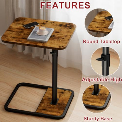 GOYLSER Large C-Shaped Tables Small Swivel End Table, Height Adjustable Side Tables Living Room, Rotating Snack Couch Wooden Tv Trays for Eating On Couch, Rustic Brown - color: Rustic Brown, style: Enlarged Standard