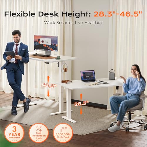 Huuger 55 x 28 Large Electric Standing Desk, Height Adjustable Copmuter Desk, 27.6" Deep Desktop, Stand up Gaming Office Table with 2 Hooks, 3 Preset Heights, for Home Office, White - color: White, size: 55*28 inch (no outlets)