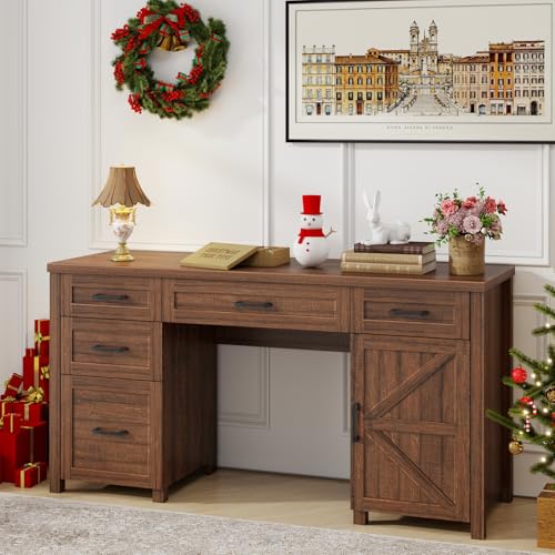 Vabches Farmhouse 61'' Rustic Office Desk with 5 Drawers(Red-Brown) - color: Red-brown, size: 61"W