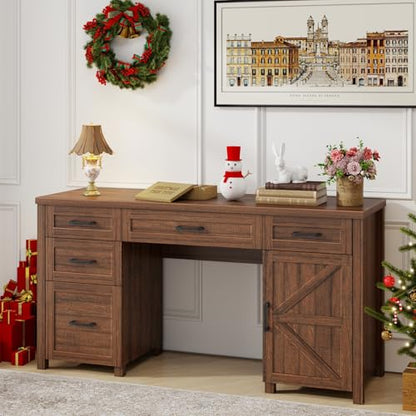 Vabches Farmhouse 61'' Rustic Office Desk with 5 Drawers(Red-Brown) - color: Red-brown, size: 61"W