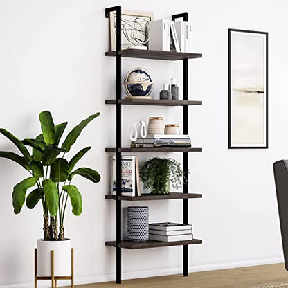 5-Shelf Modern Ladder Shelf Bookcase, Open Wall Mount Ladder Bookshelf with Metal Frame,Industrial Bookshelf and Bookcase,Wall Mounted Bookcase Wood Storage Shelf Organizer for Home Office,Dark Walnut - color: Dark Walnut&black