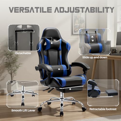 DUMOS Ergonomic Gaming Chair with Footrest, Home Office Desk Chair | PU Leather, Headrest, Linkage Armrests, Height Adjustable, 360 Swivel Reclining, Deep Blue - color: Deep Blue, size: PU Leather 27"D x 25"W x 52"H