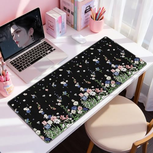 DINKY Leather Desk Protector Mouse Pad, Large Keyboard Mat, Non-Slip PVC Leather Blotter, Black Laptop Pad, Waterproof Writing Pad for Office Home 35.4" x 15.7", Flower Rain - color: Black Flower Rain