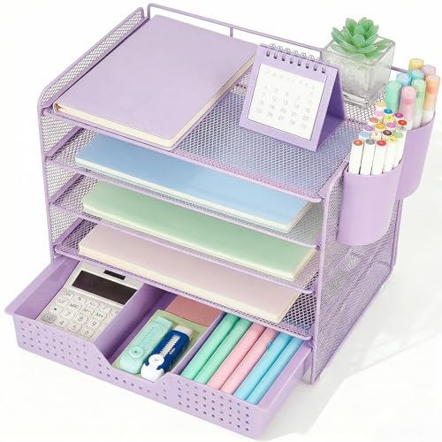 LEKETREE Desk Organizers and Accessories, 5-Tier Paper Letter Tray Organizer with Drawer & 2 Pen Holders, Desktop Organizer for Office Supplies (Purple) - color: Purple, size: 12" x 8" x 10"