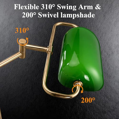 Vintage Modern Bankers Reading Floor Lamp, Gold Metal Standing Lamp with Adjustable Swing Arm, Swivel Green Glass Lampshade and Pull Chain for Living Room, Reading Nook, Office, Bedroom