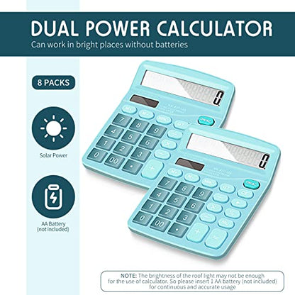 8 Pack 12 Digits Calculator Bulk Calculators Desktop Solar and Battery Dual Power Large LCD Display and Sensitive Butto Handheld for Office, School, Home(Blue) - color: Blue