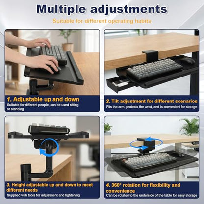 Adjustable Under Desk Keyboard Tray, 25"×10.6"360° Rotating Ergonomic Tray | Clamp On Keyboard and Mouse Tray with Drawer, Desk Mount Tray for Office Gaming Studying