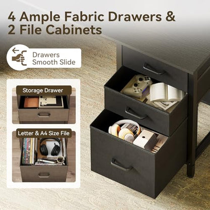 ODK 63 inch Computer Desk with 6 Fabric Drawers, Home Office Desk | Black Desk with File Drawers Cabinet with Large Storage for Home Office, Study, Gaming - color: Black