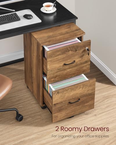 VASAGLE 2-Drawer File Cabinet, Small Rolling, Locking, Printer Stand - color: Rustic Brown, style: with Lock