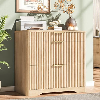 Lateral File Cabinet with 3 Drawers, Natural Oak Fluted Filing Cabinet | Fluted File Cabinet for Letter/Legal/A4 Size Hanging Files, Large Wood File Storage Cabinets Printer Stand for Home Office