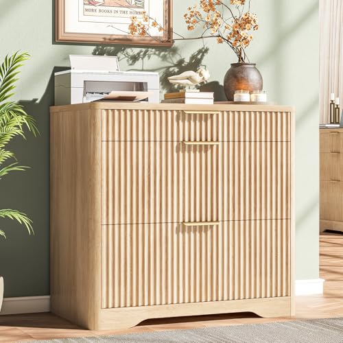 Lateral File Cabinet with 3 Drawers, Natural Oak Fluted Filing Cabinet | Fluted File Cabinet for Letter/Legal/A4 Size Hanging Files, Large Wood File Storage Cabinets Printer Stand for Home Office