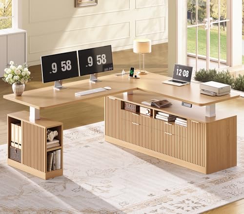 SEDETA Fluted L Shaped Executive Electric Standing Desk with 4 Drawers | 69" x 55" Height Adjustable Office Desk with Storage Shelves, Power Outlet, Sit Stand Computer Desk for Home Office, Natural - color: Natural