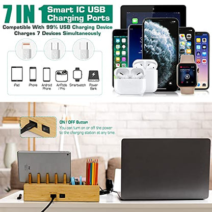 Bamboo Charging Station for Multiple Devices - Darfoo Wood Charging Dock Organizer with Drawer, 7 USB Charging Ports Compatible with Cell Phones, Tablet, Smart Watch & Earbud