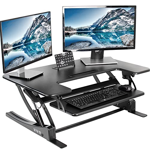 VIVO 36 inch Height Adjustable Stand Up Desk Converter, V Series, Quick Sit to Stand Tabletop Dual Monitor Riser Workstation, Black, DESK-V000V | Height Adjustable, Stand Up Desk Riser, Wide Keyboard Tray, Dual Monitor and Laptop Workstation, Black Frame,