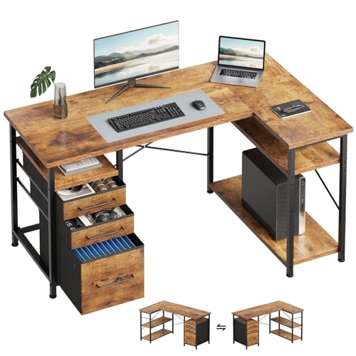 Maihail L Shaped Desk with Drawers, Office Desk Storage for Small Space, Rustic Brown - color: Rustic Brown, size: 47Inches