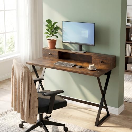 Manora Computer Desk with Drawers and Monitor Stand, 47" Home Office Desk with Storage Shelf, Rustic Brown Writing Study Table with Metal Frame for Bedroom, Workstation for Laptop PC