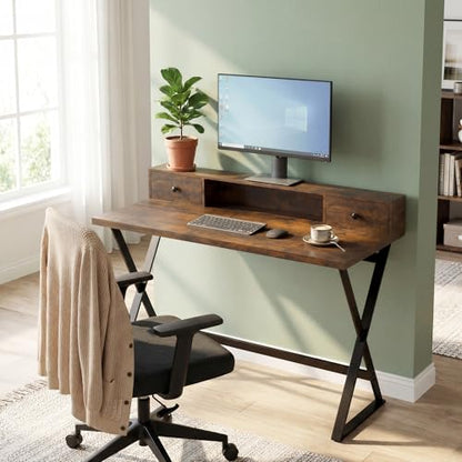 Manora Computer Desk with Drawers and Monitor Stand, 47" Home Office Desk with Storage Shelf, Rustic Brown Writing Study Table with Metal Frame for Bedroom, Workstation for Laptop PC