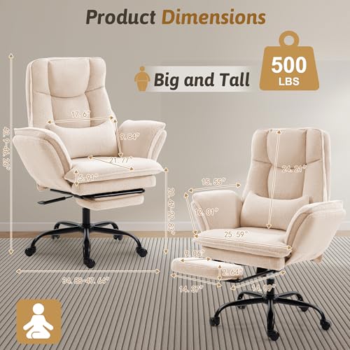 Wider Seat Office Chair with Flip Armrests for Criss Cross Legged&Cats, Big and Tall Executive Ergonomic Reclining Chair with Footrest&Lumbar Pillow, Teddy Fleece Desk Chair,Beige Vanity Chair - color: Beige