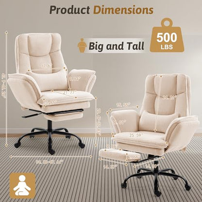 Wider Seat Office Chair with Flip Armrests for Criss Cross Legged&Cats, Big and Tall Executive Ergonomic Reclining Chair with Footrest&Lumbar Pillow, Teddy Fleece Desk Chair,Beige Vanity Chair - color: Beige