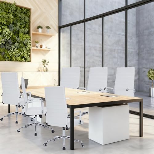 White Leather Ribbed Office High-Back Desk Conference Chairs with Wheels | Ergonomic High-Back Executive Chairs with Wheels Adjustable Swivel Computer Task Desk Chair with Arms and Thick Padded Seat - color: White, size: High Back