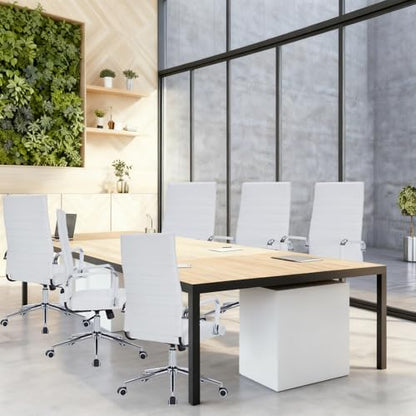 White Leather Ribbed Office High-Back Desk Conference Chairs with Wheels | Ergonomic High-Back Executive Chairs with Wheels Adjustable Swivel Computer Task Desk Chair with Arms and Thick Padded Seat - color: White, size: High Back