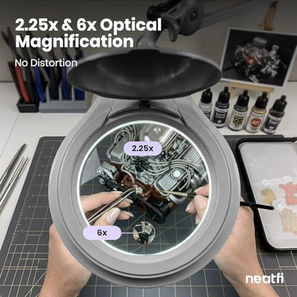 Neatfi LED Bifocal Magnifying Lamp 1,200 Lumens – 5” Glass Lens, Dual Magnification 2.25X/6X, Dimmable | Adjustable Arm with Clamp | Crafting, Jewelry & Reading (5 Diopter + 20 Diopter, Silver) - color: Silver, size: 5 Diopter + 20 Diopter