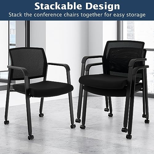 COSTWAY Stackable Office Guest Chairs Set of 2 with Wheels and Armrests | Conference Room Chairs with Mesh Backrest and Upholstered Seat, Ergonomic Waiting Room Chairs for Office Home Reception Area - size: 2 Pack, style: with Wheels