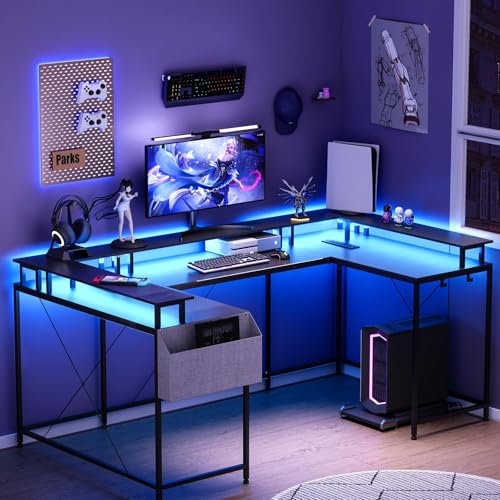 78" U-Shaped Gaming Desk - Reversible L-Shaped Computer Desk with Power Outlets, USB Ports & LED Strip, Corner Office Desk with Storage Shelves & Monitor Stand - Black. - color: Black