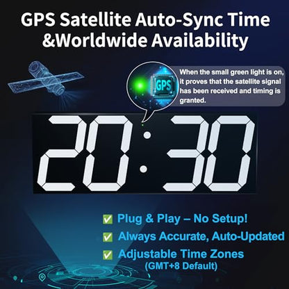 CHKOSDA 18.7 Inch Large Digital Clock with GPS Auto-Sync Time - White | 164ft Visibility, No Wi-Fi, Adjustable Timezone, 8-Level Dimming, Remote, Timer, for Living Room, Office, Classroom, Garage - color: 18.7" Gps Auto-sync Wall Clock-white