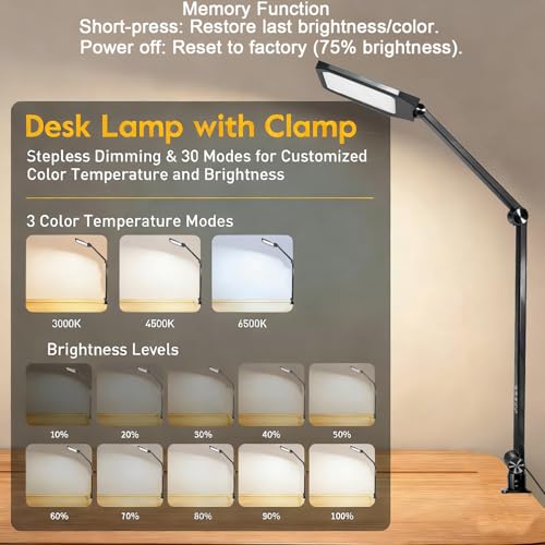 NS LED Desk Lamp with Clamp, Flicker-Free Dimmable Table Light with 3 Color Modes, Memory & Timer Function, Adjustable Swing Arm Clip-On Lamp for Home Office, Reading, Study.Batteries not Included.