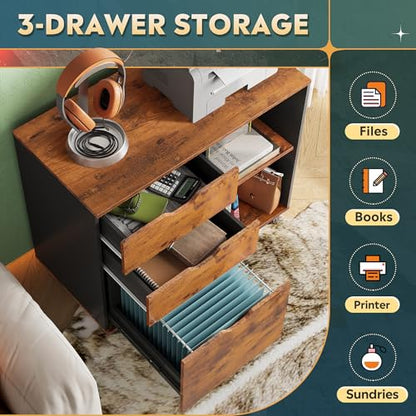 DEVAISE 3-Drawer Wood File Cabinet, Mobile Lateral Filing Cabinet, Printer Stand with Open Storage Shelves for Home Office, Rustic Brown | Mobile Printer Stand, Open Storage Shelves, Letter & A4 Compatible, Wood, Home Office - color: Rustic Brown
