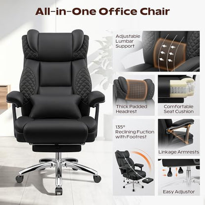 Office Desk Chair with Footrest, High Back Leather Chair Lumbar Support