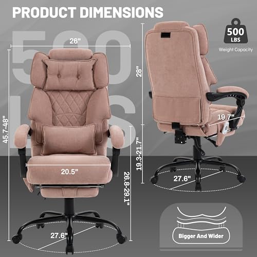 Massage Office Chair with Foot Rest,6 Points Vibration & Heat Executive Office Chairs for Heavy People,500LBS Big and Tall Office Chair,Ergonomic Reclining Desk Chair, PinkCloth - color: Pink, size: 6 Point Vibration