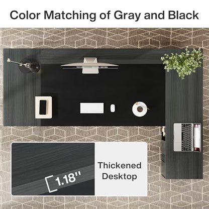 Tribesigns L-Shaped Executive Desk, 78-Inch Modern Office Desk with Drawers and Lateral File Cabinet, Large Bussiness Furniture with Storage Shelves, Workstation for Home Office (Grey + Black) - color: Grey + Black