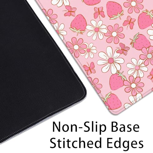 Strawberries and Flowers Extended Desk Pad Mouse Pad,Large Gaming Butterfly Floral Mouse Mat with Stitched Edges,Non-Slip Rubber Base Mousepad for Office PC Keyboard Laptop Home - color: Pink Butterfly Strawberry Flower