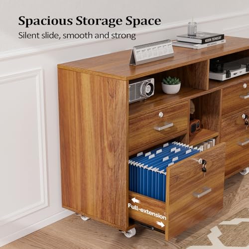 VINGLI Wide 4 Drawer Lockable Rolling File Cabinet with Open Shelves - Walnut Wood Lateral File Cabinet Printer Stand for Home Office, Letter Sized - color: Walnut