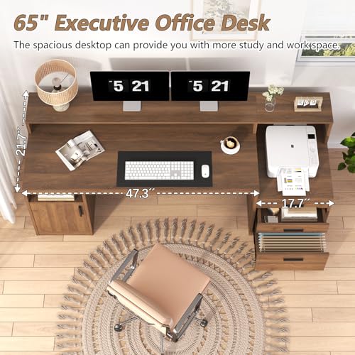 65" Computer Desk with 3 Drawers & Printer Shelf for Home Office | Office Desk with Printer Shelf & File Drawer, Executive Desk Writing Study Table with Monitor Stand, Brown - color: Brown