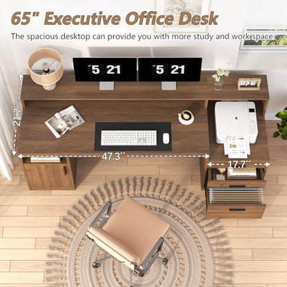 65" Computer Desk with 3 Drawers & Printer Shelf for Home Office | Office Desk with Printer Shelf & File Drawer, Executive Desk Writing Study Table with Monitor Stand, Brown - color: Brown