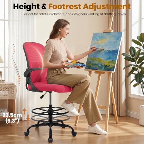 Primy Drafting Chair Tall Office Chair with Flip-up Armrests Executive Ergonomic Computer Standing Desk Chair with Lumbar Support and Adjustable Footrest Ring (Fire Brick) - color: Fire Brick, size: 934-Z